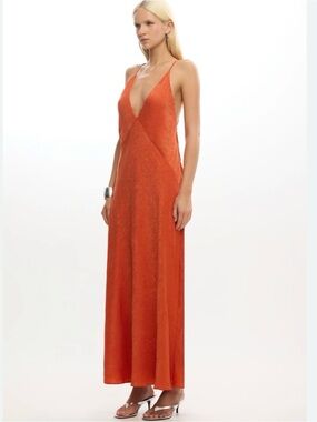 Significant Other Arielle Plunging Maxi Dress 8 Orange Crinkled Satin NWOT $295